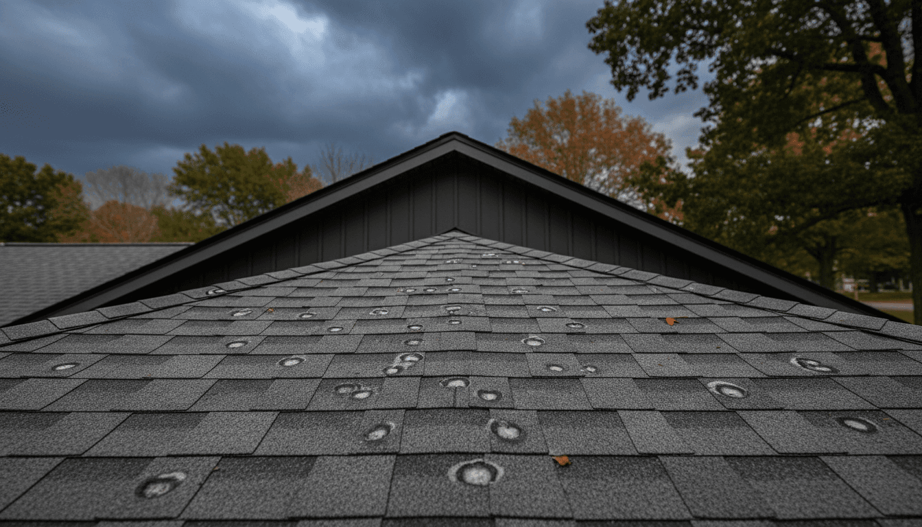 Close-up view of roof shingles with storm damage from hail