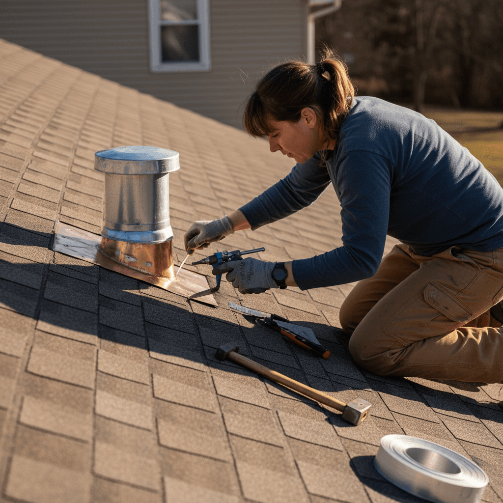 Professional roofing installation with attention to flashing and ventilation