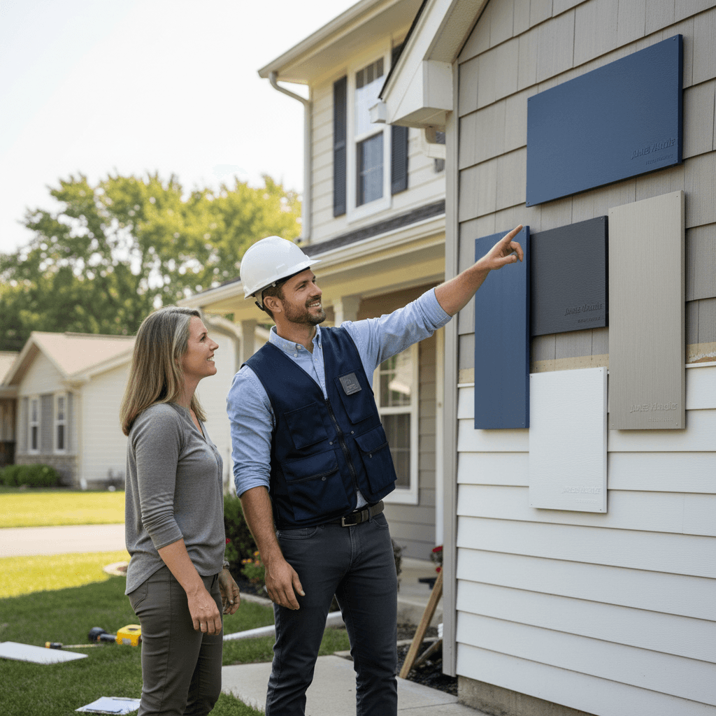 Contractor consulting with homeowner about siding replacement options
