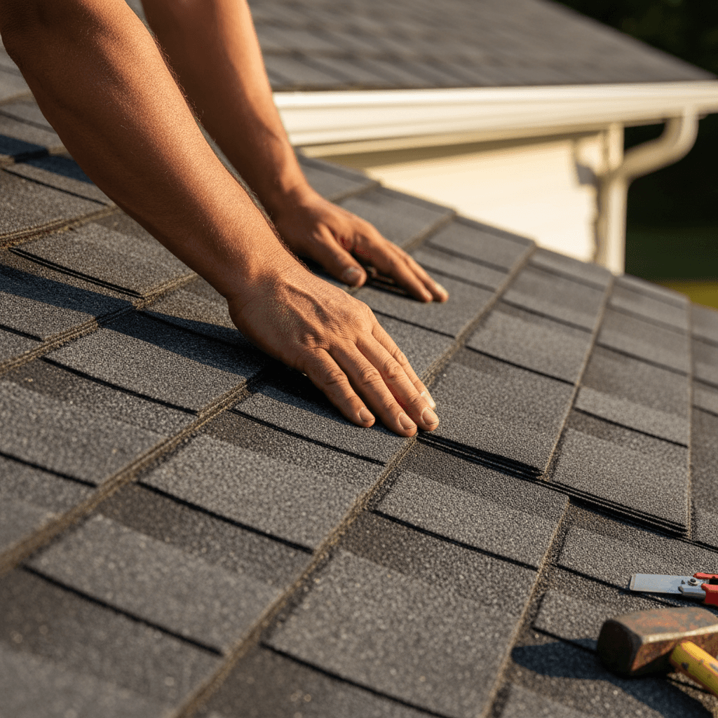 Roofer inspecting Atlas Pinnacle Pristine shingles during quality check
