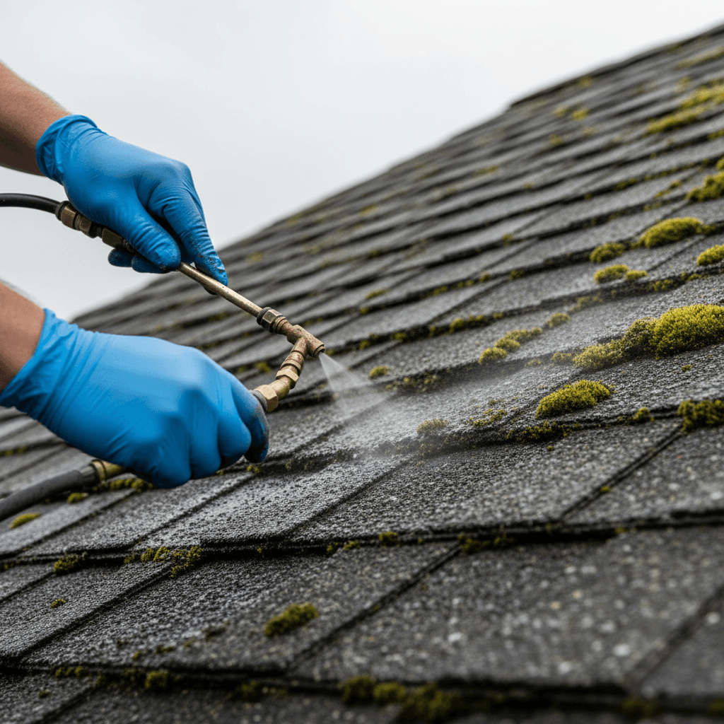 Professional roof cleaning and maintenance service in action