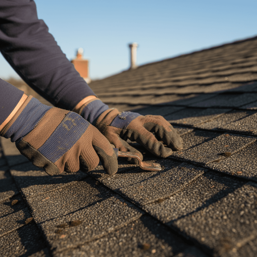 Roofing contractor inspecting roof shingles and flashing details