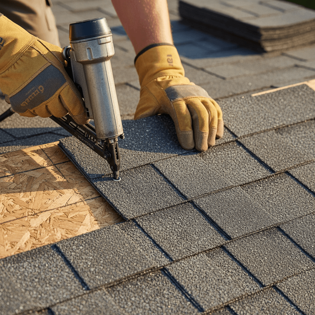 Roofer inspecting Atlas Pinnacle Pristine shingles during quality check