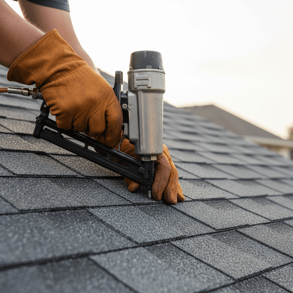 Professional examining roof flashing and ventilation on residential home