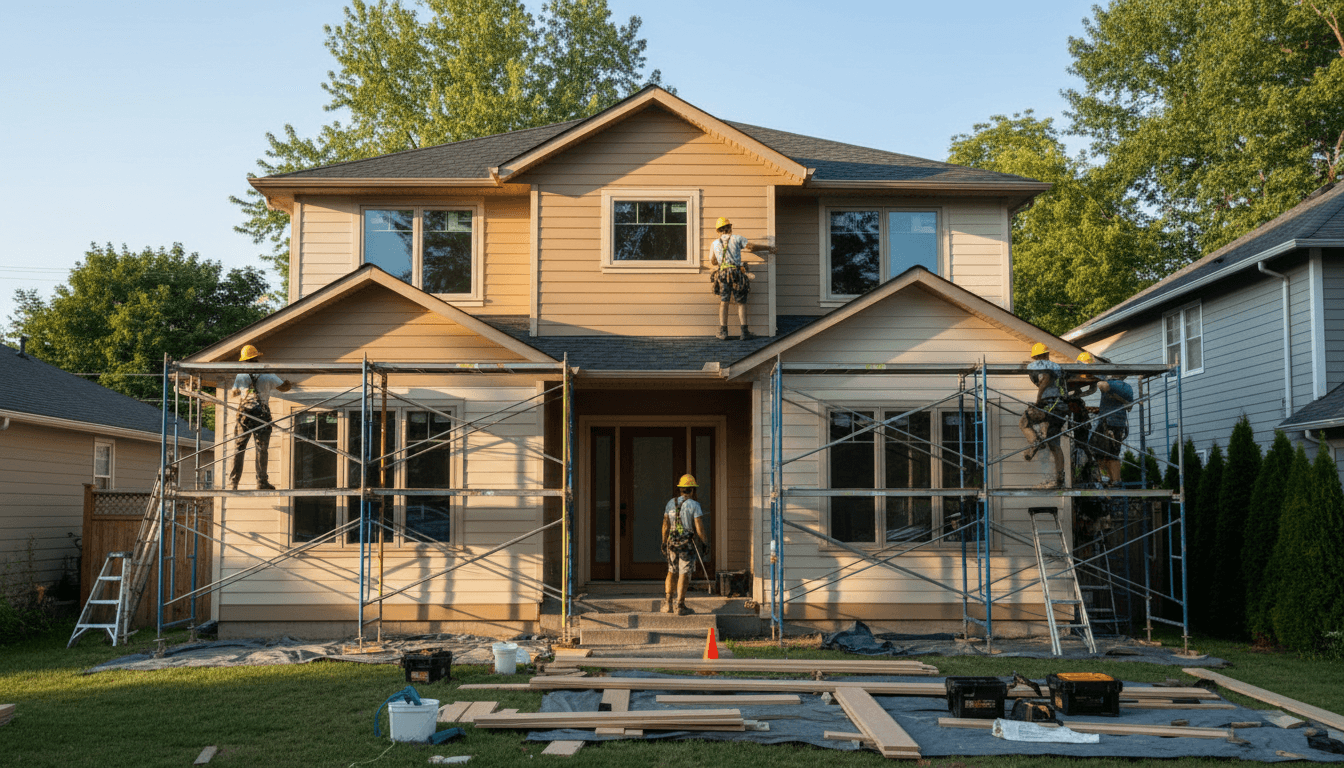 Contractor and homeowner standing in front of newly renovated home exterior
