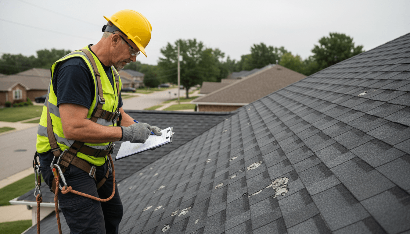Contractor inspecting storm damage on a home's roof while speaking with the homeowner