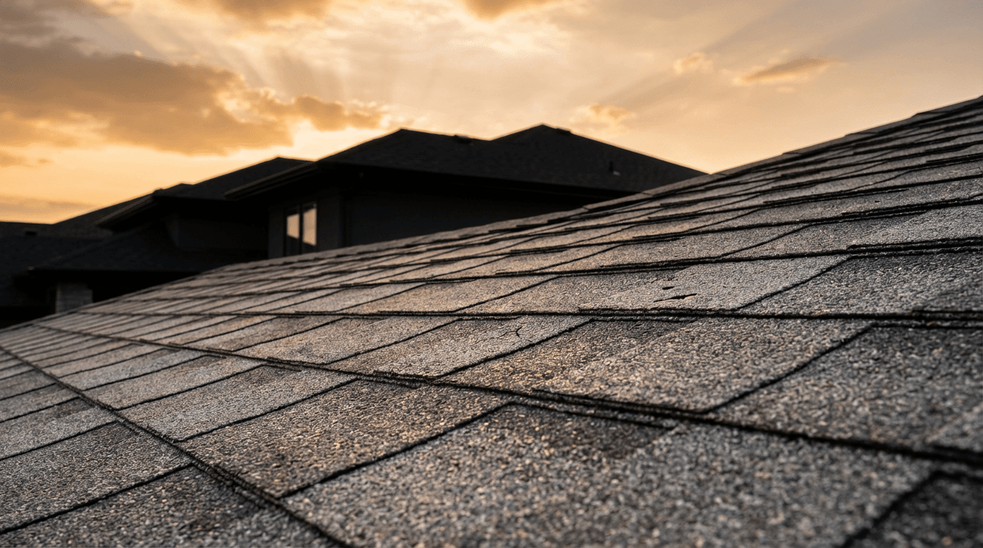 Professional roofer conducting inspection on residential home exterior after storm damage